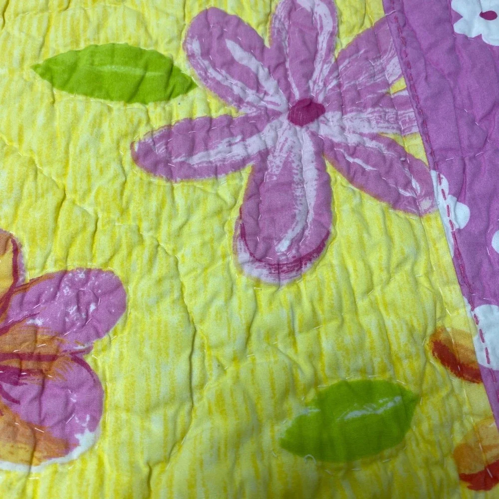 POTTERY BARN KIDS Quilted Hearts & Flowers Crib Blanket Floral Pink Yellow Green